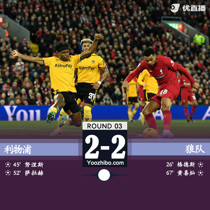 利物浦2-2狼队 阿利森送大礼努涅斯破荒黄喜灿救主