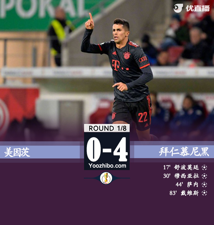 拜仁4-0美因茨晋级八强 坎塞洛首秀送助攻舒波-莫廷传射