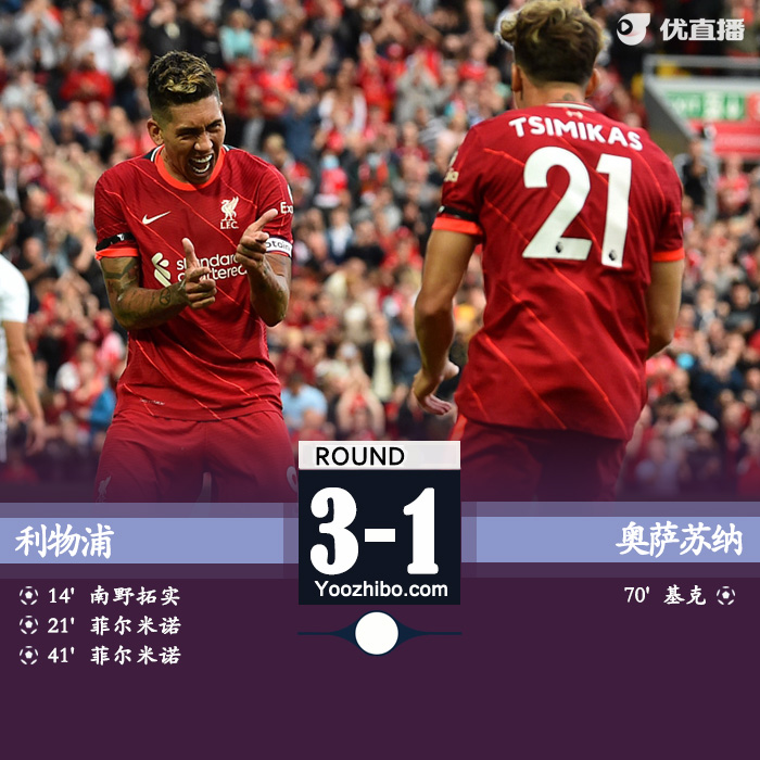 利物浦3-1奥萨苏纳 南野拓实造乌龙+助攻菲米双响琼斯伤退