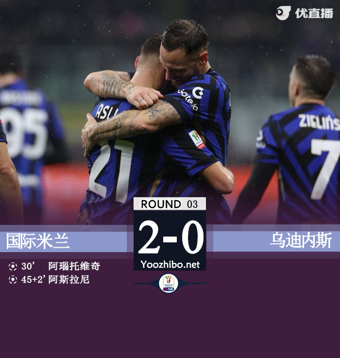 国米2-0乌迪内斯进8强将战拉齐奥 阿瑙建功阿斯拉尼角球破门