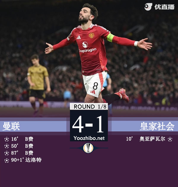 曼联4-1总分5-2十人皇社 B费帽子戏法多古造点+造红牌